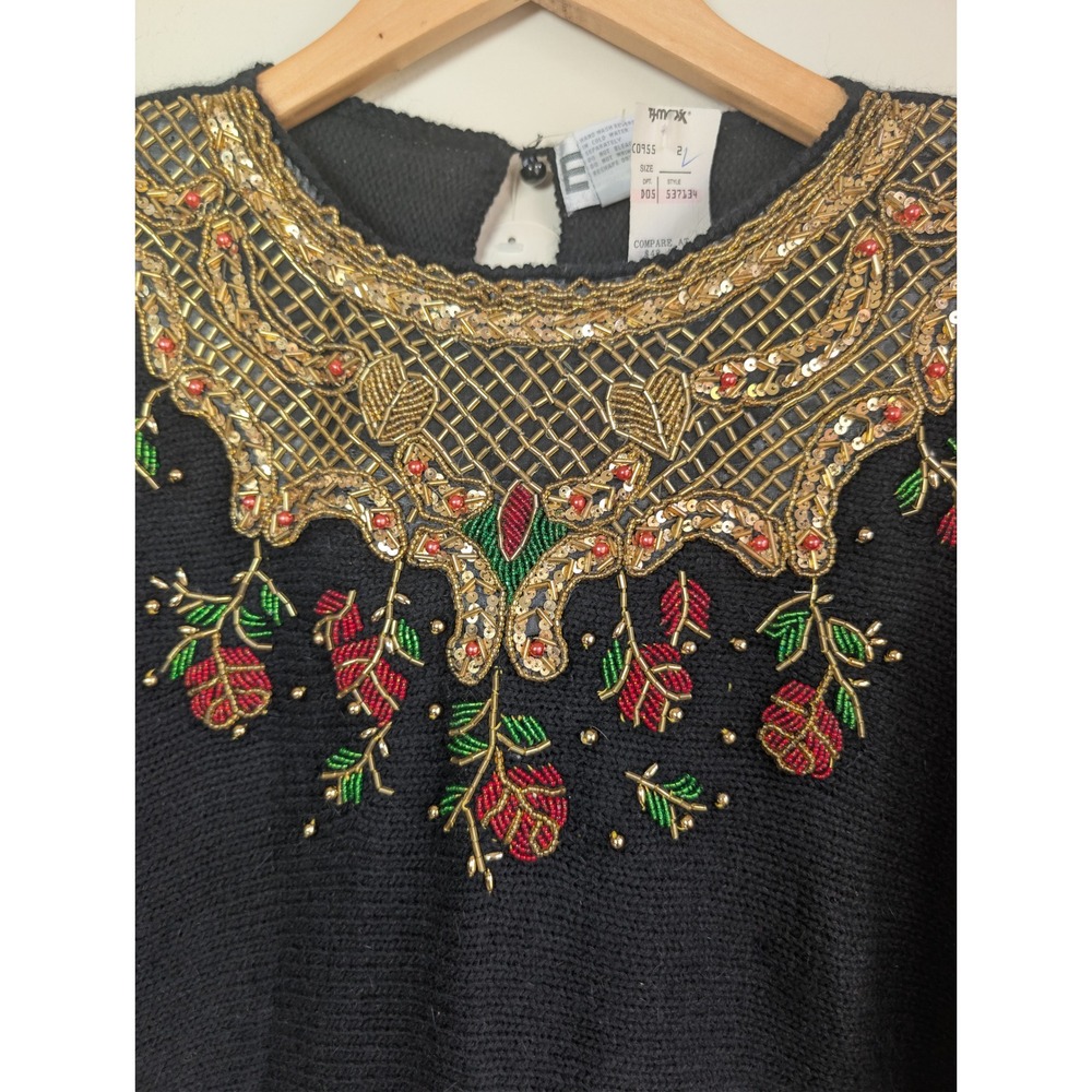 Vintage EMT Black Silk Angora Beaded Sequin Rose Sweater Womens L Holiday 90s - Picture 7 of 8